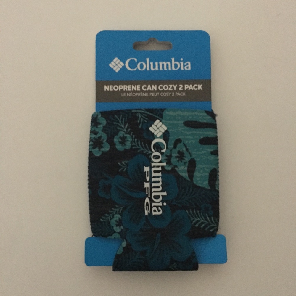 NEW Columbia Neoprene Can Cozy 2 Pack Blue Tropical Print and Solid